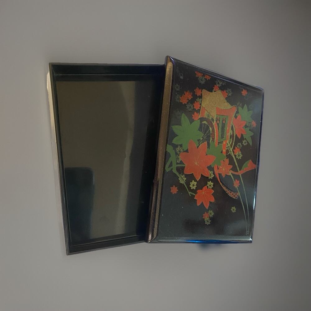 Vintage Lacquer Box Japan Mid Century Modern Rickshaw Floral Design 7”x5”x1"